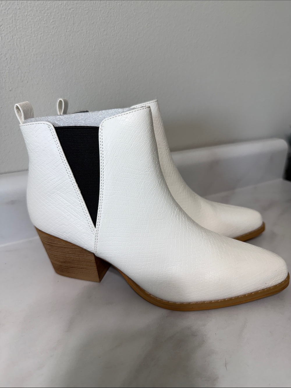 White Chelsea Ankle Boots with Wood Block Heel